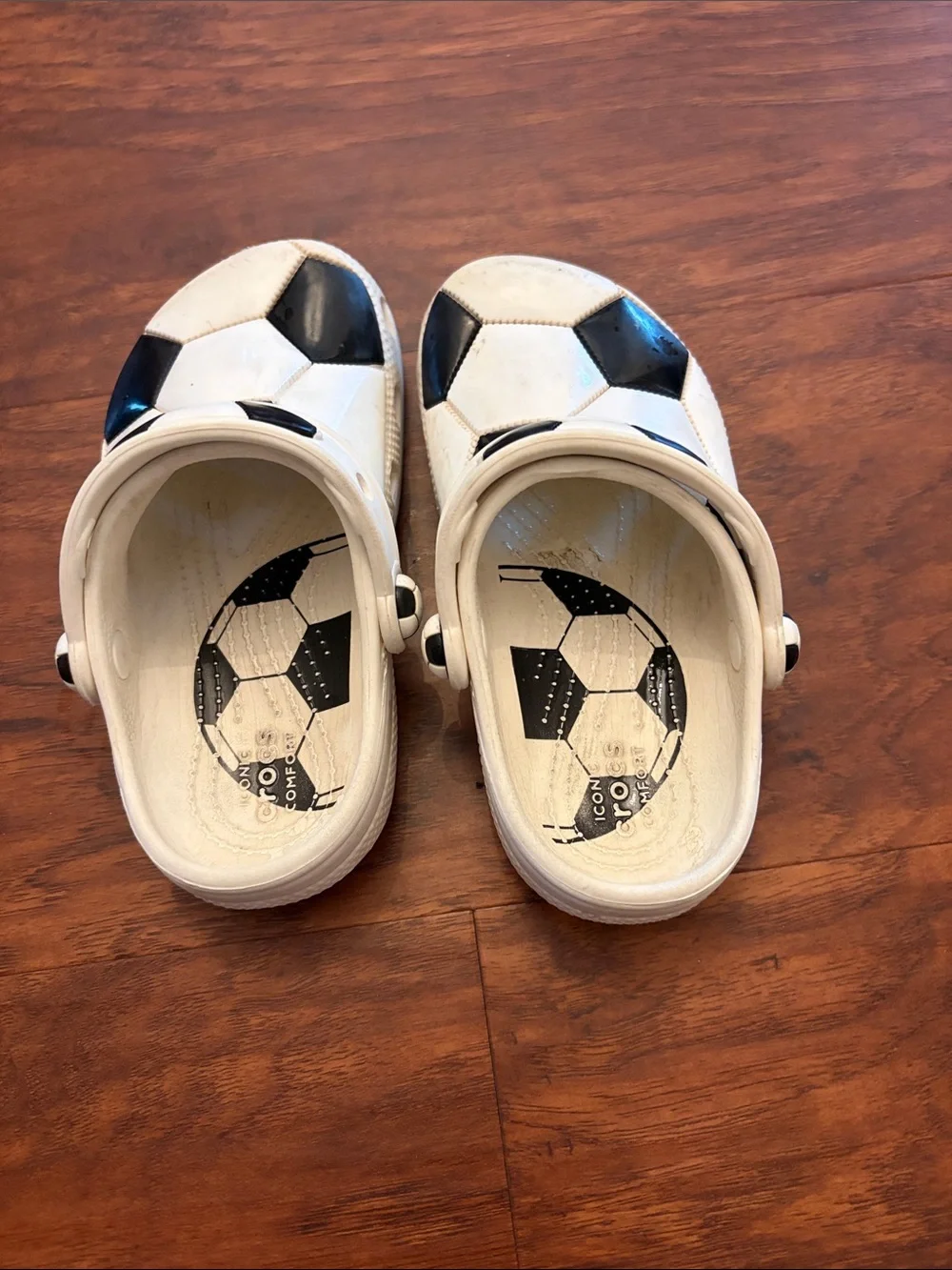 Kids White and Black Soccer Print Crocs- Comfortable Play Shoes